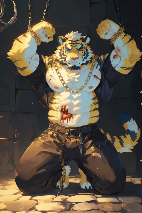 (Chained in a dungeon:1.5),(Wearing tattered ancient costumes:1.5),king,16k high quality detailed art,(Golden Tiger:1.1), (((white and gold fur:1.5))),(Dark and cold two-tone),(a pair of eyes with different colors, one eye has golden pupils and the other e...