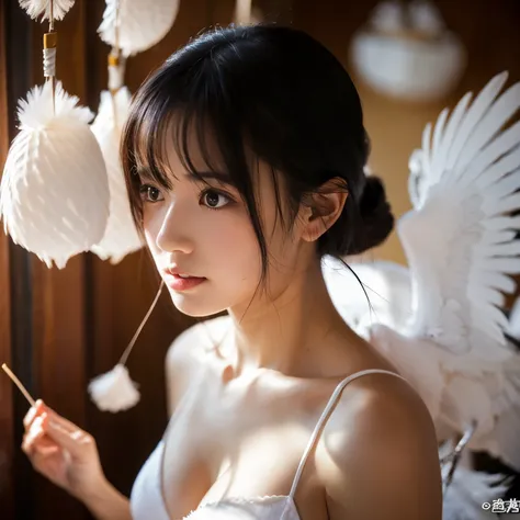 (8k、RAW photo、highest quality、masterpiece:1.2)、(realistic、Photoreal:1.35)、super detailed、超A high resolution、cinematic lighting、(((white bikini beauty)))、(((36 year old girl in Japan)))、(lots of cranes:1.5)、A worried expression、black hair、Lonely atmosphere、...