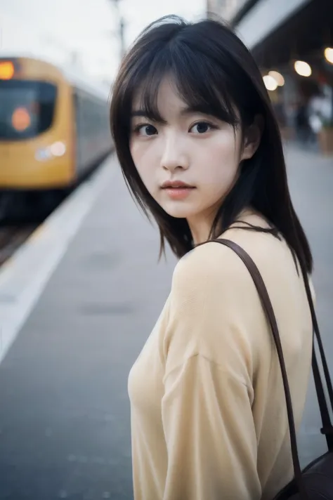 Cinematic Photo of a beautiful korean fashion model bokeh train