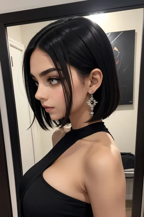 reflejado en un espejo, beautiful 19 year old woman black hair like a dark night, cara hermosa y delicada, small, thin, elongated grayish eyes, cejas delgadas y finas, butterfly eyelashes, labios seductores de color rojo oscuro, cuerpo delgado y definido d...