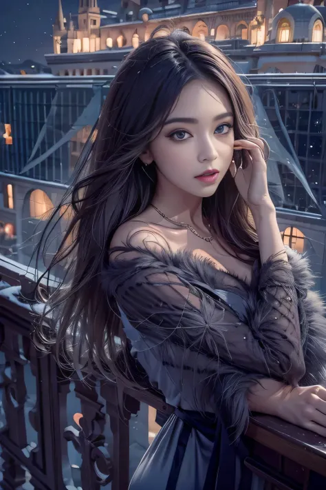 (Woman standing on balcony of palace)girl portrait photography, realistic, High resolution, 1 female, alone, Upper body, beautiful eyes, Close your lips, detailed face, gray hair, long hair, (off shoulder black lace long dress) ,(There is a slit up to the ...