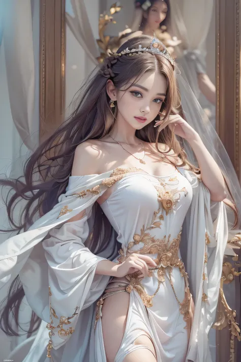 ((masterpiece:1.4)、(highest quality:1.4)、(realistic:1.7))Surreal portrait of a beautiful girl、super beautiful girl、((1 girl:1.4))、Radiant natural skin texture、(The Queens ornate outfit)、(Off-the-shoulder white one-piece long type:1.4)、(upper arm:1.4、two le...