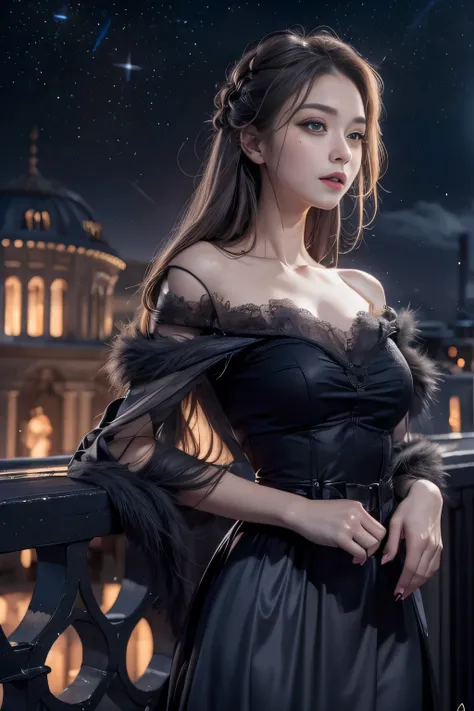 (Woman standing on balcony of palace)girl portrait photography, realistic, High resolution, 1 female, alone, Upper body, beautiful eyes, Close your lips, detailed face, gray hair, long hair, (off shoulder black lace long dress) ,(There is a slit up to the ...