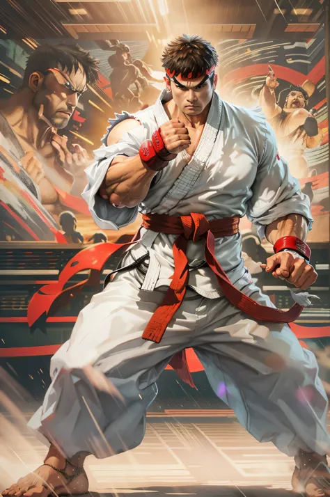 1  man ryu solo、fighting game fighter、street fighter , wearing complete karate kimono、fitness body shape、pose ready to fight、bat...