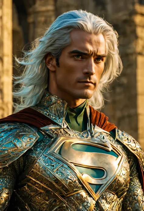 Superman with green pupils, long bluish white hair, confident expression, wearing beautiful silver armor with golden patterns all over the armor, exuding a dark yellow glow, In the background, a medieval castle