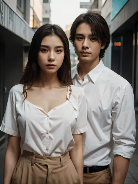 a man and a woman standing next to each other, an image, inspired by Adam Dario Keel, which is trending in the cg community, beautiful young Korean woman, blouse shirt, movie screencap, model elisajes from acquamodels