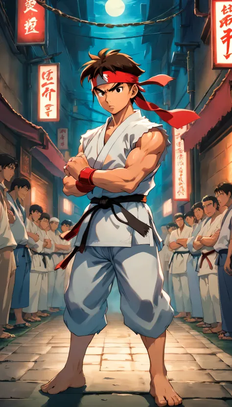 Film Noir Still of Ryu from Street Fighter 2: The World Warrior, clad in his iconic sleeveless white karate Gi and red headband, one arm extended forward with a glowing orb of energy hovers in his palm, radiating intense brilliance against the dimly lit ba...