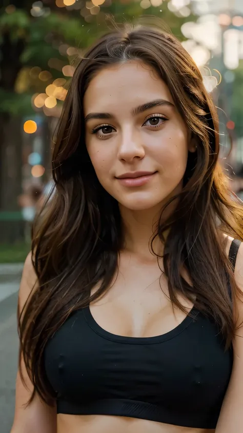 A photorealistic portrait of a 25-year-old Italian girl with long, flowing brown hair and striking brown eyes Wearing a sports bra. She should have a natural, smiling expression, looking at the camera, and be illuminated by soft, golden-hour sunlight. Back...