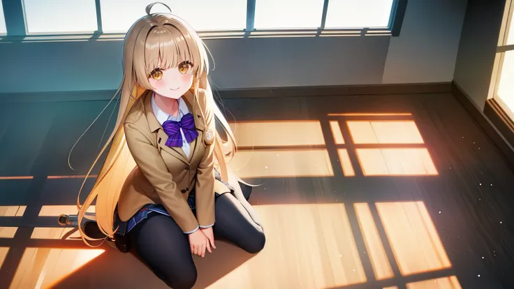 1girl, solo, sunlight from window behind, classroom, sitting on chair, lower camera, crossing leg, cute, looking at viewer, mahiru shiina, blazer