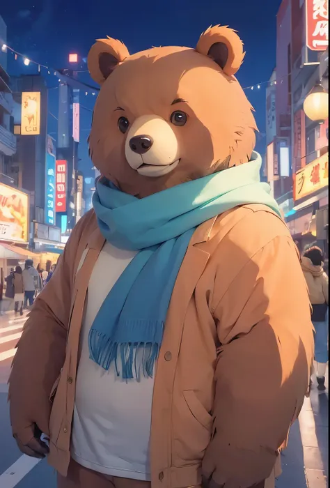 bear，big belly，bear，young，furry，anime characters，毛茸茸的bearanime characters，blue eyes，male，clothing，shirt，scarf，blush，solo