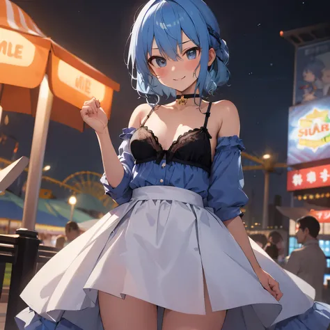 NSFW,hoshimachi suisei,blue eyes,blue hair,choker,hair between eyes,medium hair,スターchoker, star piece:1.2), highest quality, High resolution,(thin and beautiful eyes:1.6),(perfect hands, perfect anatomy),(((masterpiece))),((highest quality)),shy smile,trou...