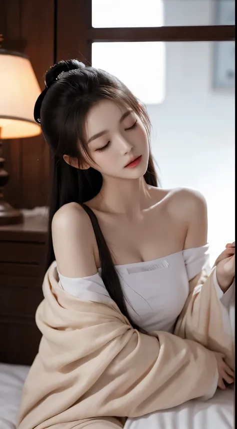 gufeng,bare shoulders, sleeping Beauty, by bella, whole body, Beautiful girl sleeping, Room with mirror, Girl sleeps on bed and sheets, Old clock and lamp on table, whole body, black hair, Mandala and flower tattoo, best quality, masterpiece, illustration,...