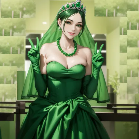 emerald tiara, Green Pearl Necklace, Boyish green berry short hair, lipstick, Smiling Japan woman, very short hair, big breasts beautiful, green eyes, Green long gloves made of satin material, green eyes, v sign, emerald earrings, green gloss
