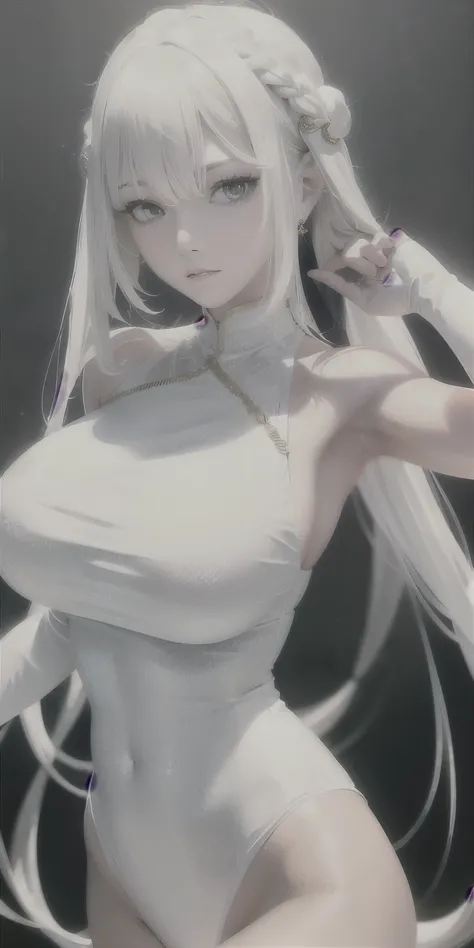 top quality, masterpiece, white hair, golden eyes, White clothes, look up, Upper body, Hair, White skin, side braid, huge breasts, Stunning lower body, fluffy