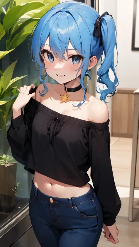 nsfw,hoshimachi suisei,blue eyes,blue hair,choker,hair between eyes,medium hair,side ponytail,スターchoker, star piece:1.2), highes...