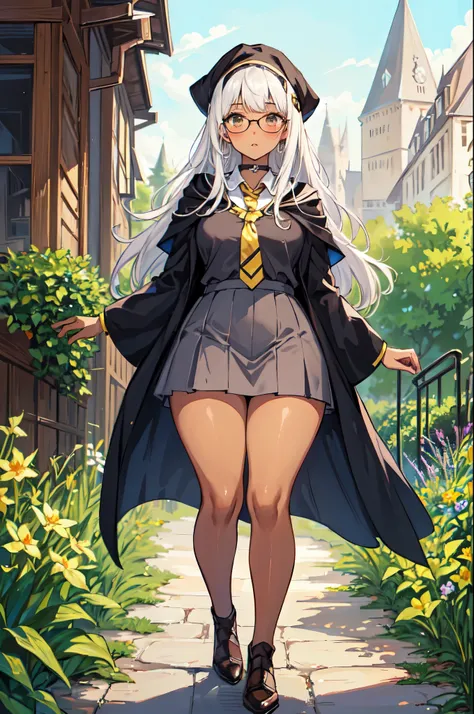 ((dark brown skin)), (best quality, ultra detailed), ((full-face blush)), (detailed background:1.2), (perfect chubby face, detailed face), (Hufflepuff), yellow cloak, (Hogwarts Legacy), looking at viewer, (young female:1.4), chubby, brown skin,  1girl, ((k...