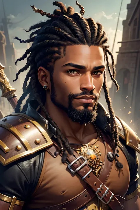 Portrait RPG, close-up, Race: Human, Gender: African-American man, Age: 30 year old, Eyes: Brown; Skin color: black, Hair: short dreads, physical: muscular skinny complexion, Facial features: Bright yellow eyes, Facial Features: bushy beard, expression: Ex...