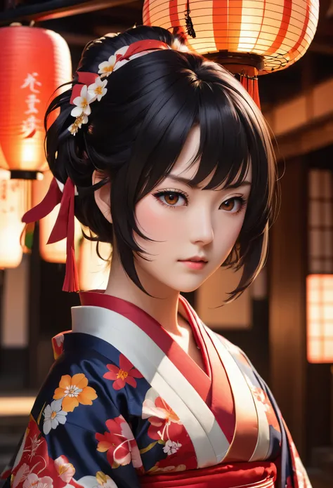 beautiful, masterpiece, best quality, extremely detailed face,  perfect lighting, 1girl, solo,  matoi ryuuko, japanese clothes, kimono, short kimono,  cowboy shot