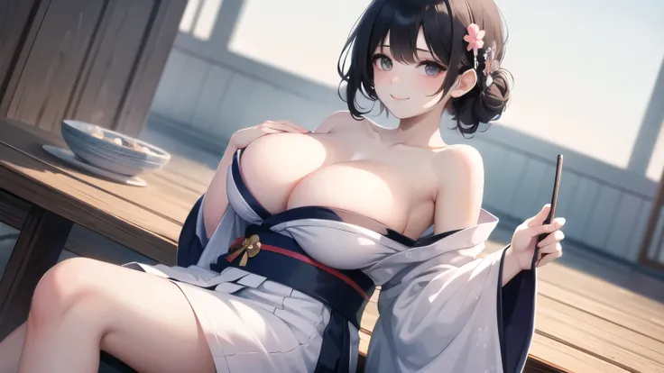 (((masterpiece, best quality))), (((superior quality))), cute girl, ((extremely detailed girl)), (huge breasts), (yukata), (bare shoulders), strapless top, slight smile