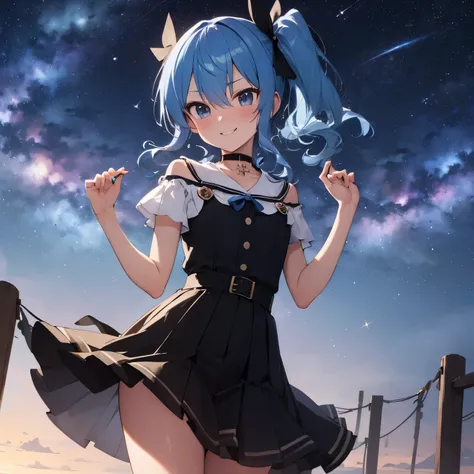 hoshimachi suisei,blue eyes,blue hair,choker,hair between eyes,medium hair,side ponytail,スターchoker, star piece:1.2), highest quality, High resolution,(thin and beautiful eyes:1.6),(perfect hands, perfect anatomy),(((masterpiece))),((highest quality)),shy s...