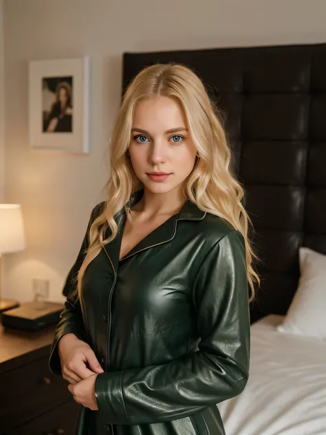 1 girl, 23 years old, blonde hair, Green eyes, long hair, Ultra textured leather , dirty hair, pajamas, nightcap, from the shoulder, inexpressive, Bedroom, hug an object, Masterpiece, Best quality , face looking straight into the camera , full face