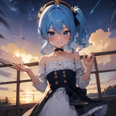 hoshimachi suisei,blue eyes,blue hair,choker,hair between eyes,medium hair,side ponytail,スターchoker, star piece:1.2), highest quality, High resolution,(thin and beautiful eyes:1.6),(perfect hands, perfect anatomy),(((masterpiece))),((highest quality)),shy s...