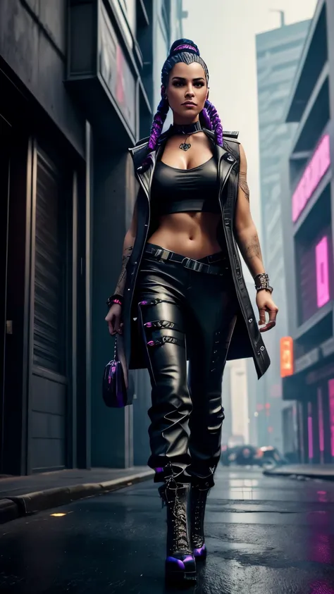 
40 year old woman tall walking down a street in a photo, cyberpunk femme fatale, cyberpunk woman, dark cyberpunk illustration, cyberpunk girl, cyberpunk women, gothic - cyberpunk, female cyberpunk, stylized urban fantasy artwork, cyberpunk judy alvarez, g...