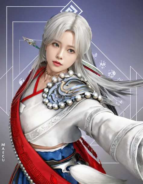 arafed image of a woman with a sword and a necklace, render of april, inspired by Li Mei-shu, render of mirabel madrigal, zhao yun, 8k portrait render, inspired by Cao Zhibai, thancred waters in style of wlop, yun ling, tifa lockhart with white hair, thanc...