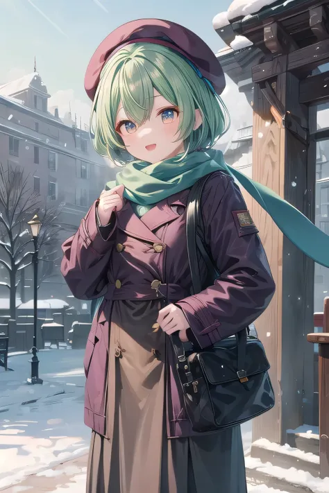 dark green hair,eyes are yellow, Happy,pea coat,beret,fluffy scarf,maxi skirt ,outdoors, winter,snow, highest quality, High resolution, very detailed, detailed background, perfect lighting