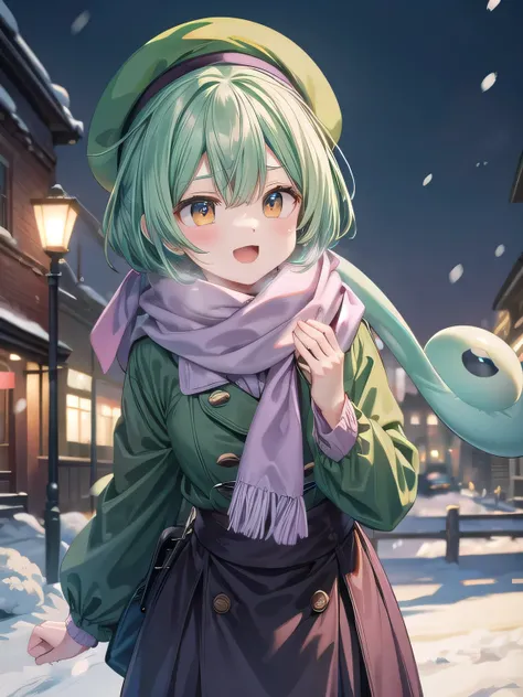 dark green hair,eyes are yellow, Happy,pea coat,beret,fluffy scarf,maxi skirt ,outdoors, winter,snow, highest quality, High resolution, very detailed, detailed background, perfect lighting