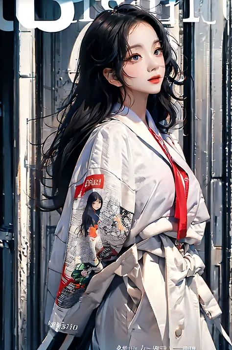 masterpiece, best quality, spring outfit, colorful hair, outdoor, magazine cover ,upper body, long black hair