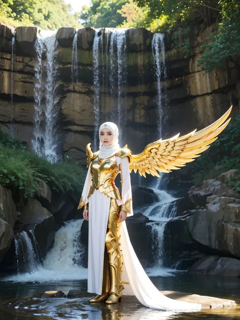 hd portrait, 8k, chinese cute teen girls dressed in white and gold with wings and a sword, (wearing hijab:1.2), (full iron golde...