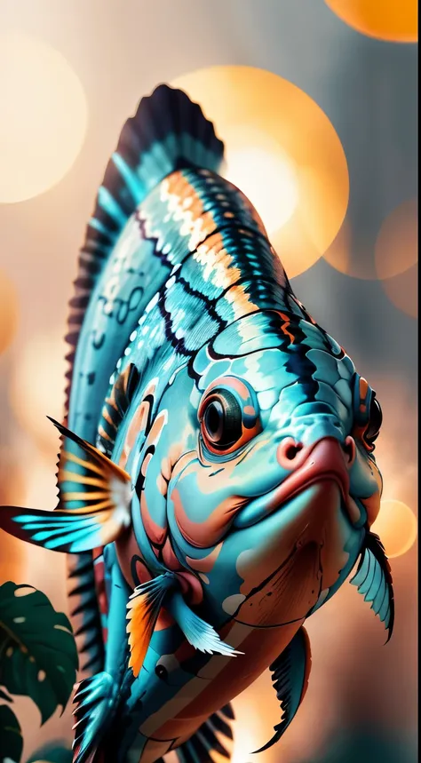 neutral geographic photography, raw artistic extreme close-up of a blue fish, orange beak, head tilted, aggressively looking dir...