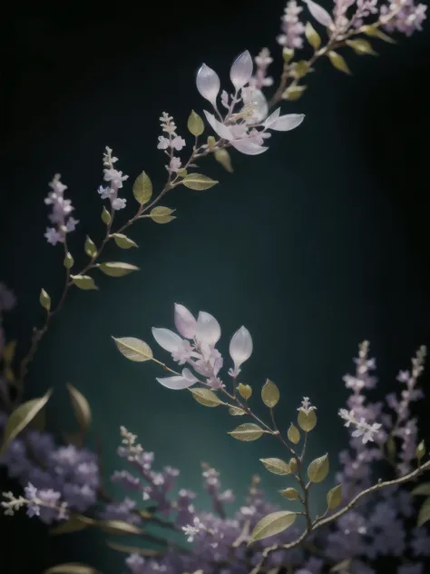 branch of delicate lilac flowers, super transparent, holy light, beautiful spectral light, petals glow, flashing, dark background, drops of transparent light, reflective light, bright, light streaming in, optics, portrait profile, sharp focus, magical, int...