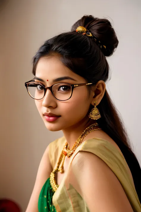 A gorgeous Bangladeshi woman in the foreground, effortlessly donning a messy bun hairstyle, gazes at the viewer with captivating brown eyes. Her fair complexion is accentuated by the round frames of her glasses resting on a pristine white piece of paper. T...