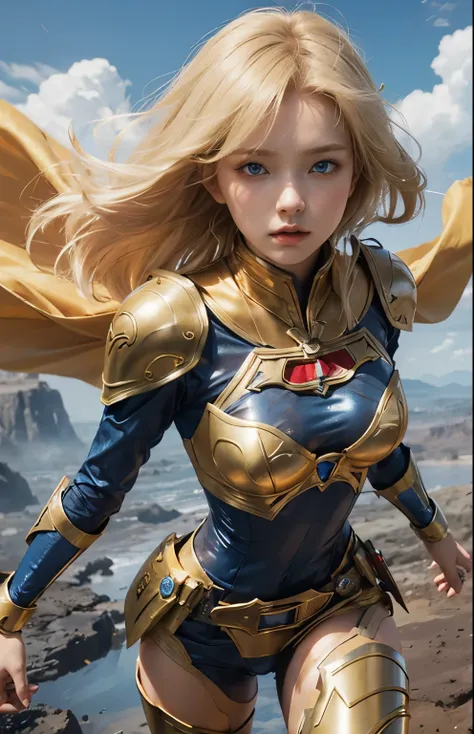 A beautiful woman floats in the air with her cloak fluttering in the wind. Blonde hair and blue eyes. Twenty-two years old. She wears a metallic golden battle uniform. There is something on his waist that is reminiscent of Kamen Riders transformation belt....