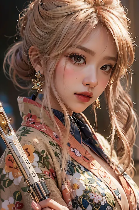 (highest image quality), (masterpiece), (vibrant, photography realistic, Realistic, Dramatic, Dark, Sharp focus, 8K), Close up Face, Highly detailed face and skin texture, sexy pink kimono, ethereal beauty, mature asian woman,blonde long hair, make up, sex...