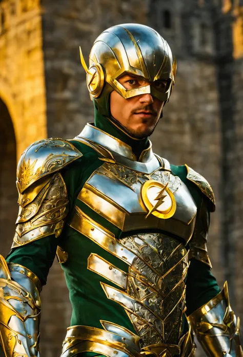 The Flash with green pupils, confident expression, wearing beautiful silver armor with golden patterns all over the armor, exuding a dark yellow glow, In the background, a medieval castle