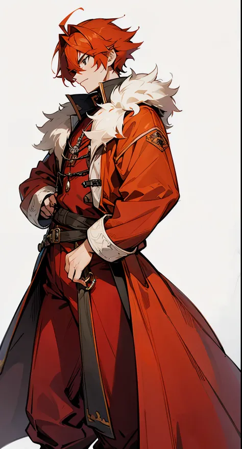 1male, flowing fiery orange hair, black eyes, giant red coat with fur collar, red pants, guild hall background, detailed background, standing on path, serious expression