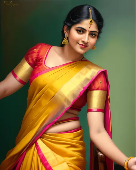 Masterpiece,8k uhd, hdr, realistic, hyper realistic, intricate, vibrant colour, painting of a woman in a yellow sari sitting on a chair, traditional beauty, inspired by Raja Ravi Varma, indian art, by Raja Ravi Varma, painting of beautiful, inspired by T. ...