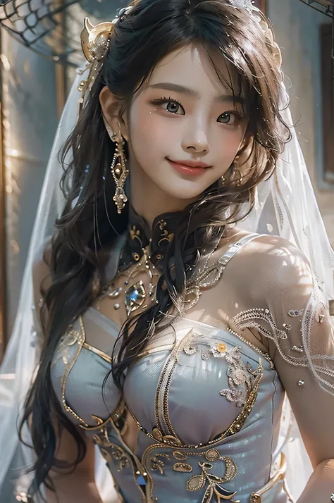 (highest image quality), (masterpiece), (vibrant, photography realistic, Realistic, Dramatic, Dark, Sharp focus, 8K), Highly detailed face and skin texture, sexy wedding dress, ethereal beauty, mature asian woman,black super long hair, make up, sexy smile,...