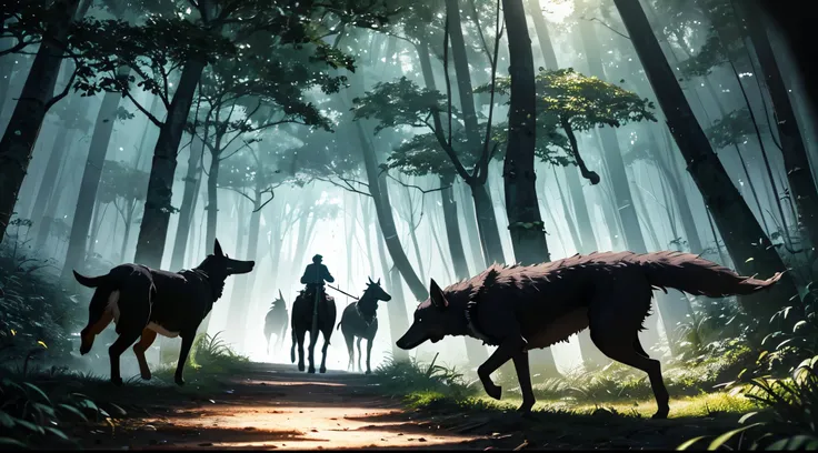 (masterpiece, best_quality, ultra-detailed, immaculate:1.3), landscape, hunting, chasing, dogs hunt, Javanese hunters dogs, (deep night forest:1.5), Dark ambiance, Japanese night forest landscape background