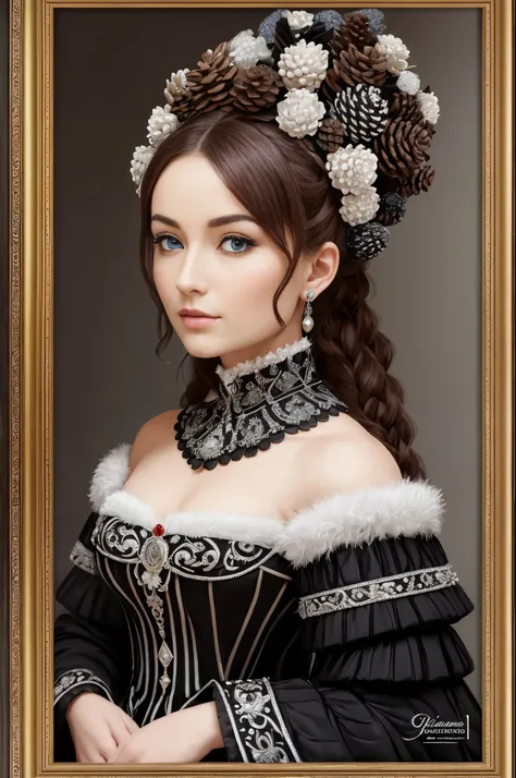 A stunningly elegant pinecone woman with pinecones and black and white striped fur yxcv woman is captured in exquisite detail against a black background. ice blue eyes, This high-quality photograph showcases her flowing pinecone white violet-red-hair with ...