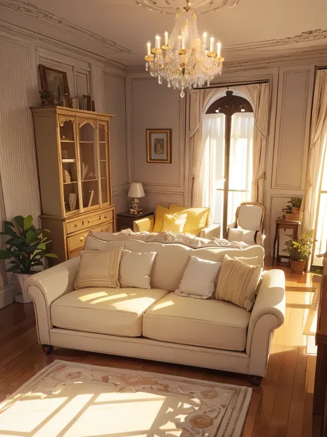 extremely elaborate doll house, cozy bedroom, cute 3d rendering, fascinating light and shadow, white and yellow cushion, architecture, furniture, indoor, building, living room, room, rug, plant, home decoration, sofa, Chair, interior design  