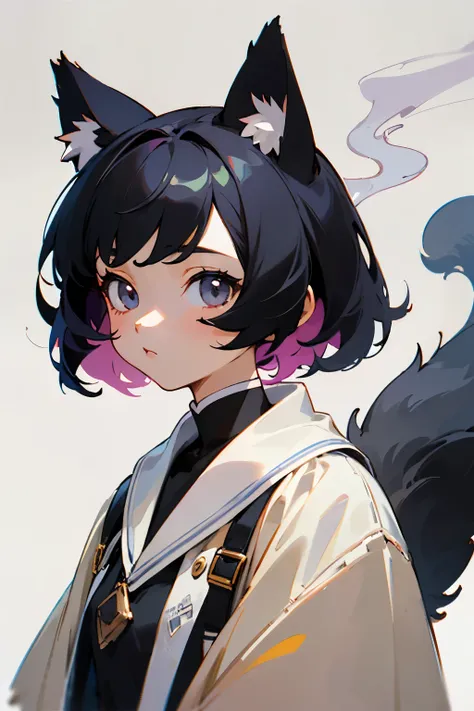 (masterpiece, highest quality, highest quality, official art, beautiful and aesthetic:1.2), 1 girl, black hair, Cat ear, Black cat,beautiful girl,mini character,mascot,２head and body,chibi character,purple,Tobacco