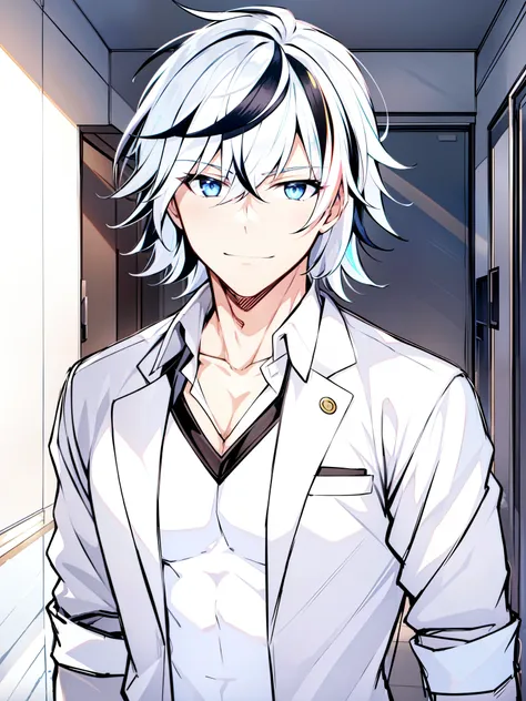 ((white hair)), ((multicolored hair)), ((school uniform)), ((complementary color)), ((toned)), ((school)), ((hallway)), ((masculine face)),  ((cheerful expression)), ((handsome)), ((light skin)),1boy, beautifully drawn, high resolution illustration, best q...