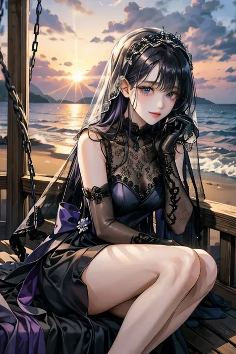 Ocean、droopy eyes、smile、17 year old female、Woman in black dress、((long hair girl))、ぱっつんbangsの女性、detailed face、((best image quality))、gloves、lace purple dress、veil、Ocean辺、Black and purple clothes、1 woman、alone、hair arrangement、bangs、beach、mole、mole、Swing