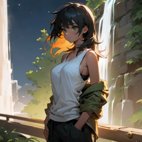 1female, adult, tan skin, big breast, finely detailed green eyes, long messy hair, black hair color, loose sweater, tank top, loose baggy pants, standing with hands in pocket, standing on open trail, waterfall, night, light smile, village