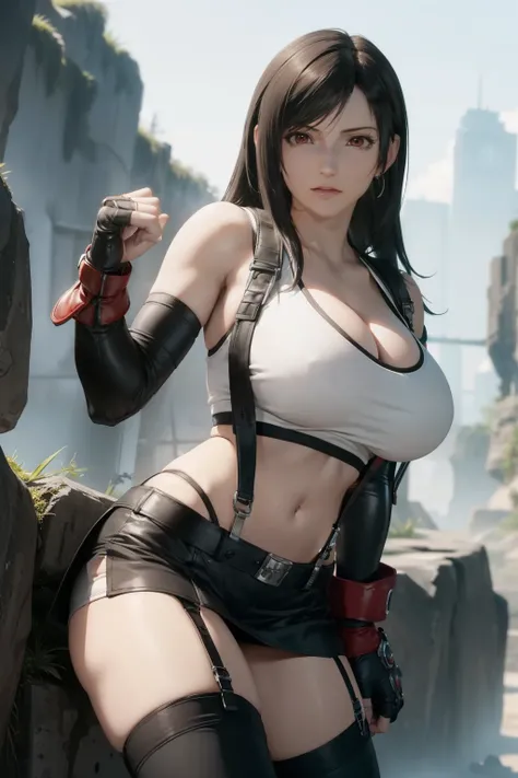 (masterpiece, best quality, cinematic, photorealistic, ultra-detailed), 1girl, sexy body, (Tifa Lockhart), (wide shot, from the front:1.5), perfect hands, wide hips, (bursting breasts, large cleavage:1.3), (Tifa has very dark hair, varying brown to black, ...