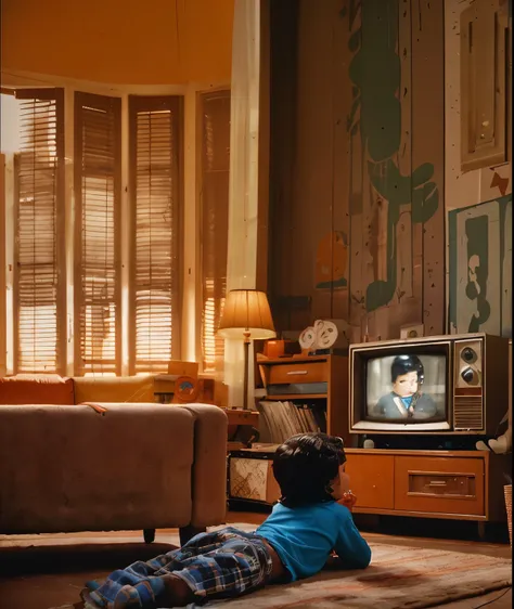 Five-year-old, latino, lying face down watching an old television in the living room of his house, 70s style, cinematic, 